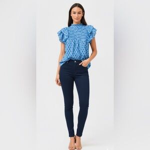 Oliphant Blue Pintuck Ruffle Top blouse 100% Cotton Boho Resort Style Size L